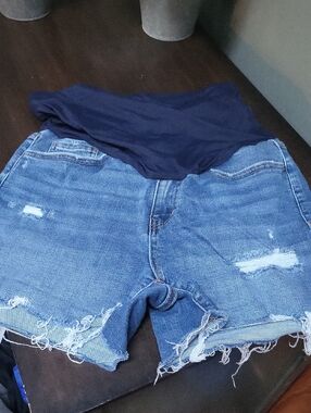 Pinkblush Blue Denim Maternity Shorts with Navy Waistband